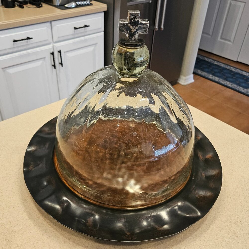 VERY RARE JAN BARBOGLIO HOUSE BLESSING CROSS CLOCHE DOME SERVER TRAY IRON FORGED - Picture 3 of 15